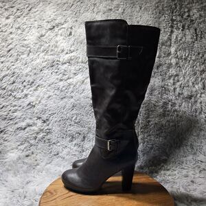 JUSTFAB Nadeena Women Size 7.5 Faux Leather Silver Buckle Brown Boot Chunky Heel